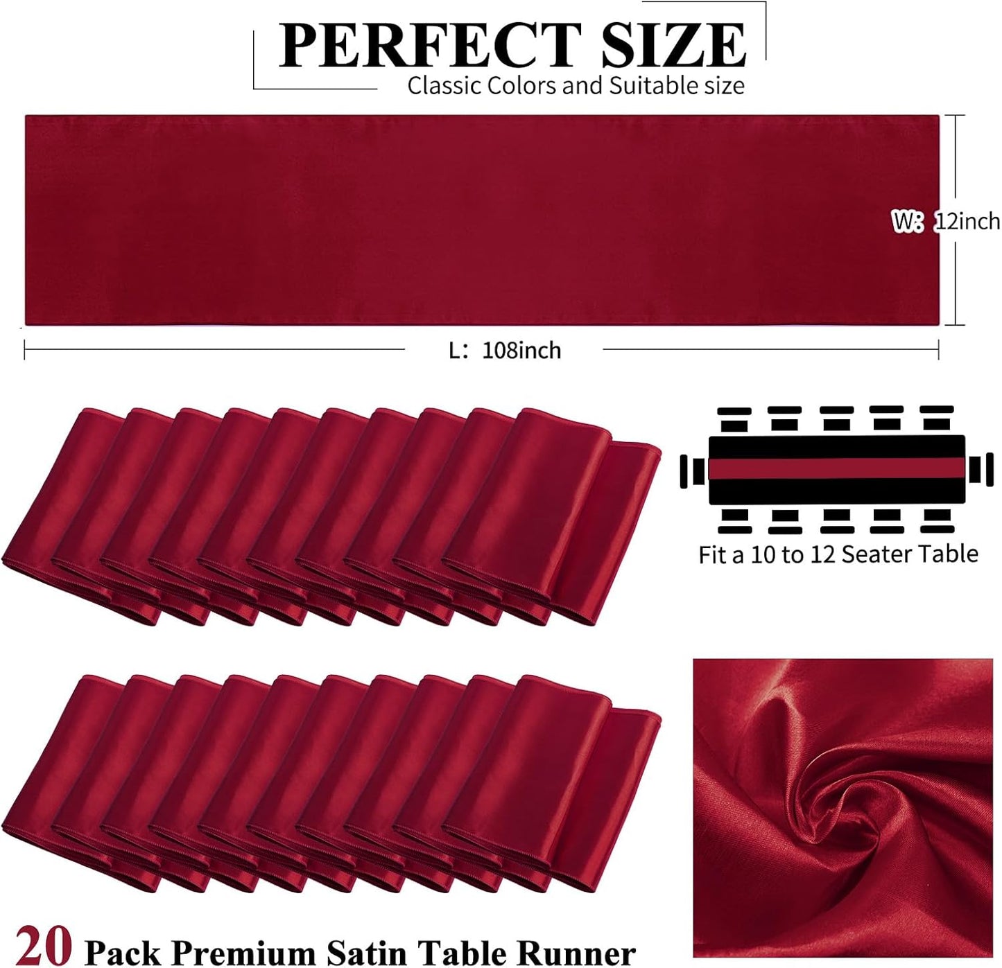 20 Pack Burgundy Satin Table Runner,12 x 108 inch Long Premium Smooth Burgundy Table Runners for Wedding, Banquets, Birthday, Party, Engagements,Table Runners fit Rectangle and Round Table