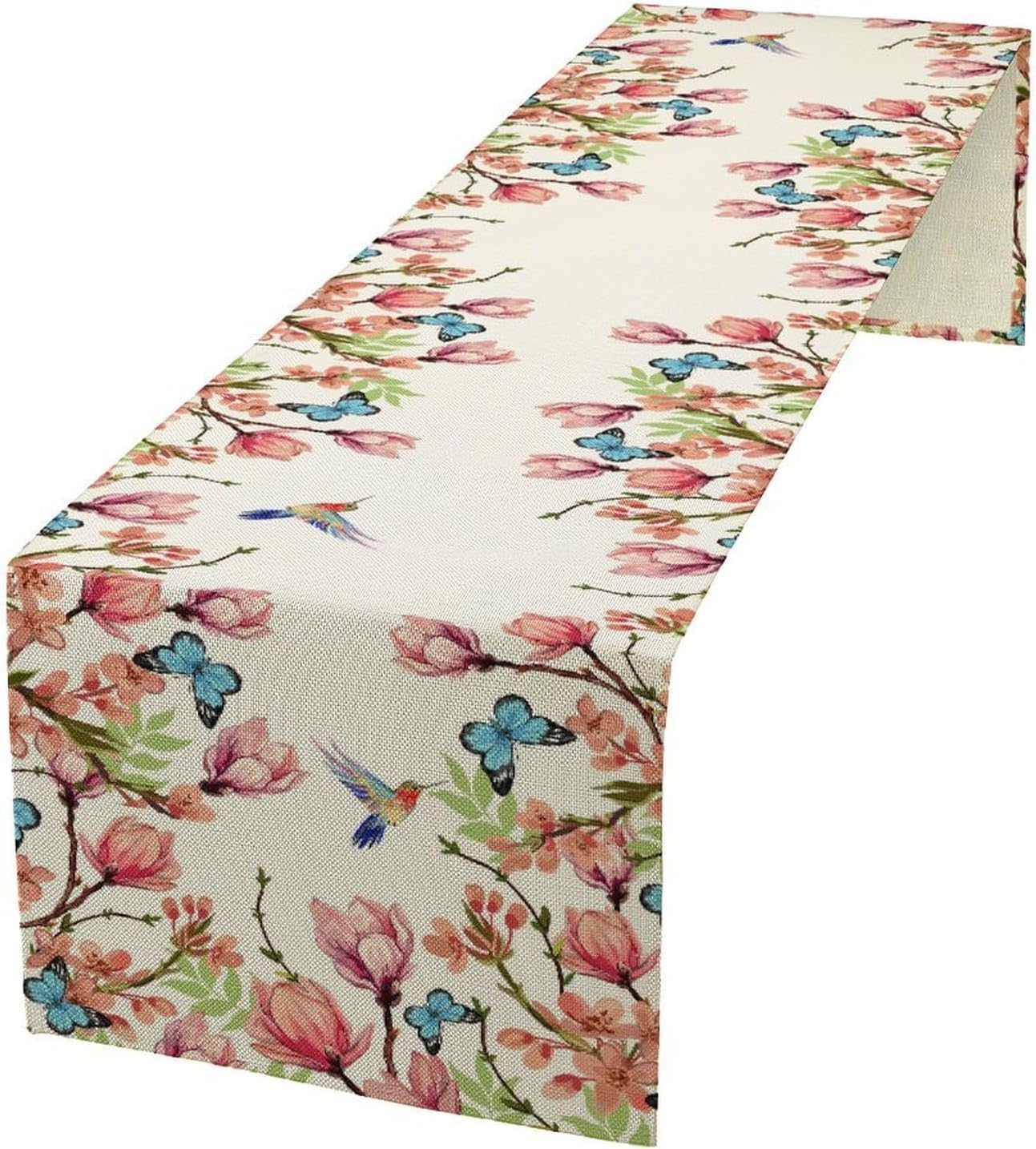 Flowers Table Runner,Floral Bird Butterfly Spring Table Cloth Kitchen Dining Table Home Party Decoration 13x90 Inch