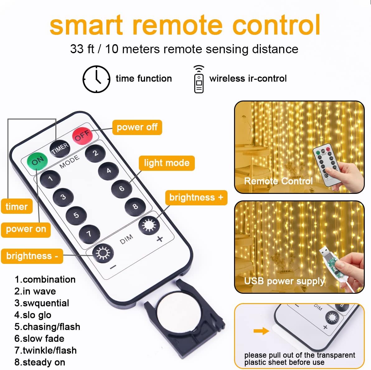 AOMIG Fairy Curtain Lights,300 LED Warm White Window Curtain String Light,8 Modes 9.8×9.8Ft Waterproof Curtain String Light USB Powered with Remote Control,Christmas String Lights for Indoor/Outdoor