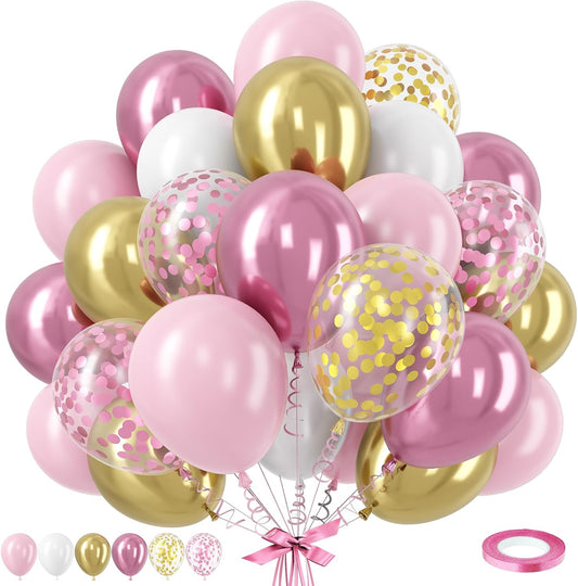 Pink Gold Balloons Set, 12 Inch Pink White Latex Balloons Pink Confetti Helium Balloons Pink and Metallic Gold Party Balloons for Bridal Baby Shower Wedding Girl Women Birthday Decorations