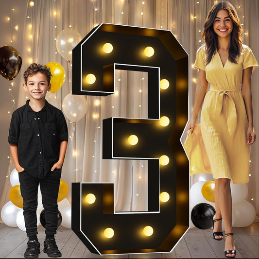 Pooqla 4 FT Light Up Marquee Numbers, Black Marquee Number Lights 4 Feet Tall for 3rd 13th 30th Birthday, Giant Letter Big Mosaic Numbers for Balloons Party Anniversary Wedding Decorations, Number 3