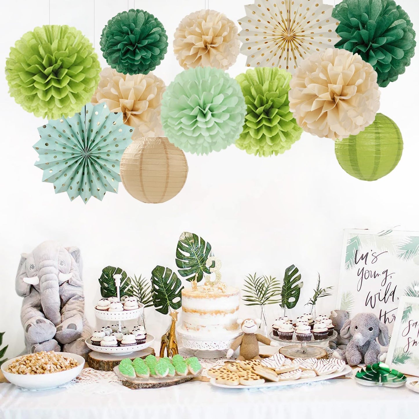 Sage-Green Boho Party-Decorations Paper-Flowers Lanterns - 20PCS Rustic Tissue Pom Poms Streamers Fans Honeycomb, Birthday Baby Shower Neutral Garden Neutral Wedding Hanging Supplies Decor Burgleda