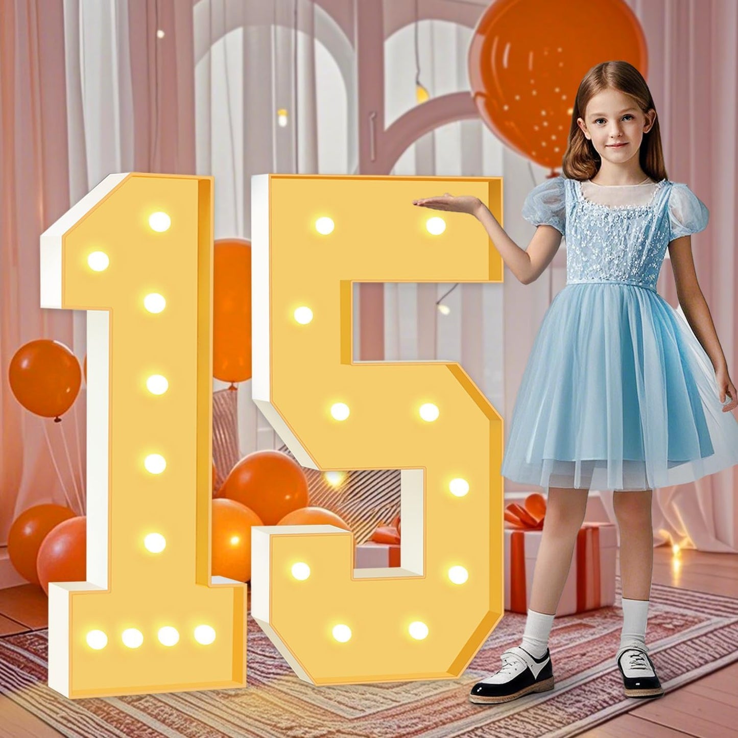 4FT Marquee Numbers 15, Large Light Up Numbers 15th Birthday Decorations for Girls Boys, Cardboard Number for Women Men Anniversary Party Decor Backdrop, DIY Foam Board Mosaic Number Sign