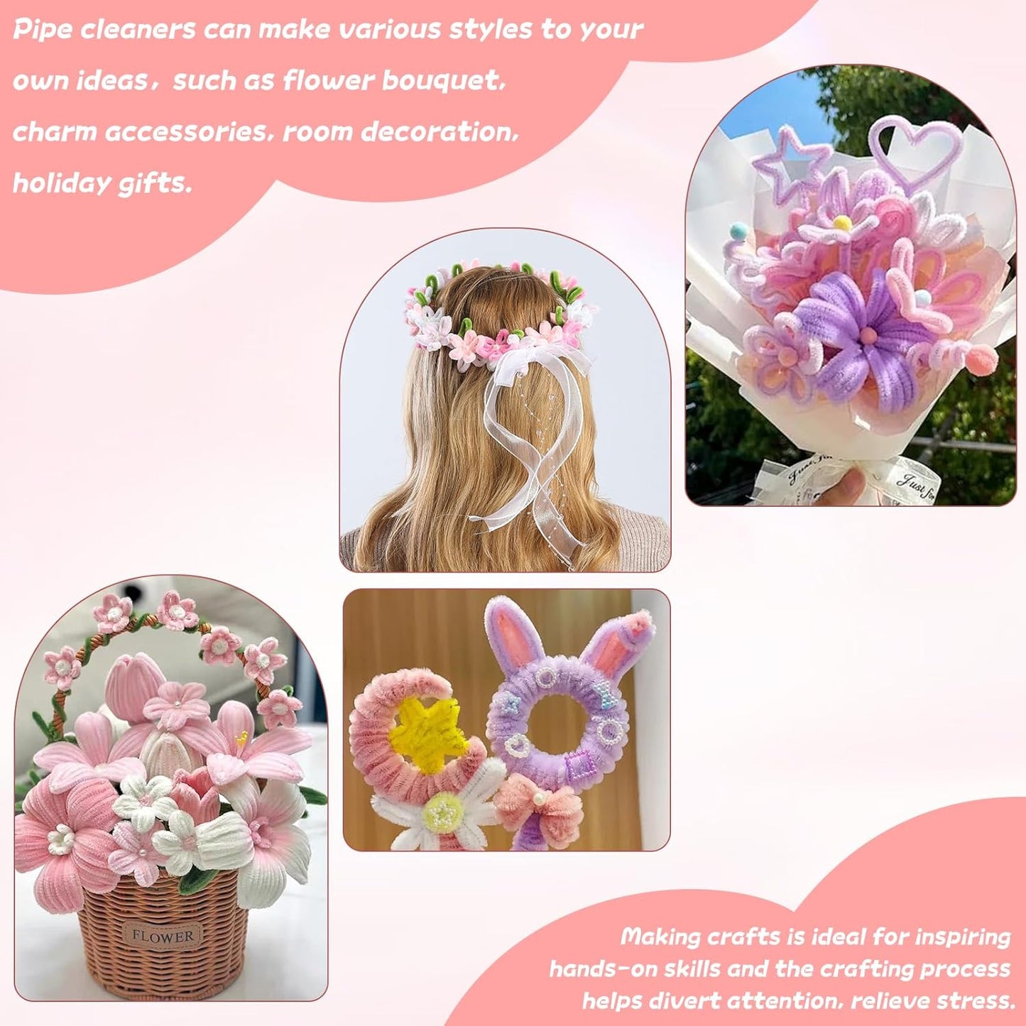 400 Pcs Soft Craft Pipe Cleaners Flowers,4 Colors Chenille Stems Bulk with Floral Wires,Tape,Greeting Card,Bouquet Paper,Hot Glue Stick,Stamen & Ribbon, Holiday Gifts for Women,Men,Teens,Elder