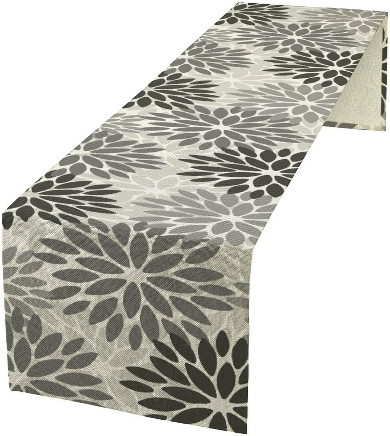Gray Dahlia Flower Table Runner, Vintage Modern Linen Geometric Pattern Floral Table Runner Spring for Farmhouse Kitchen Dining Party Holiday Party, 13x60 Inch