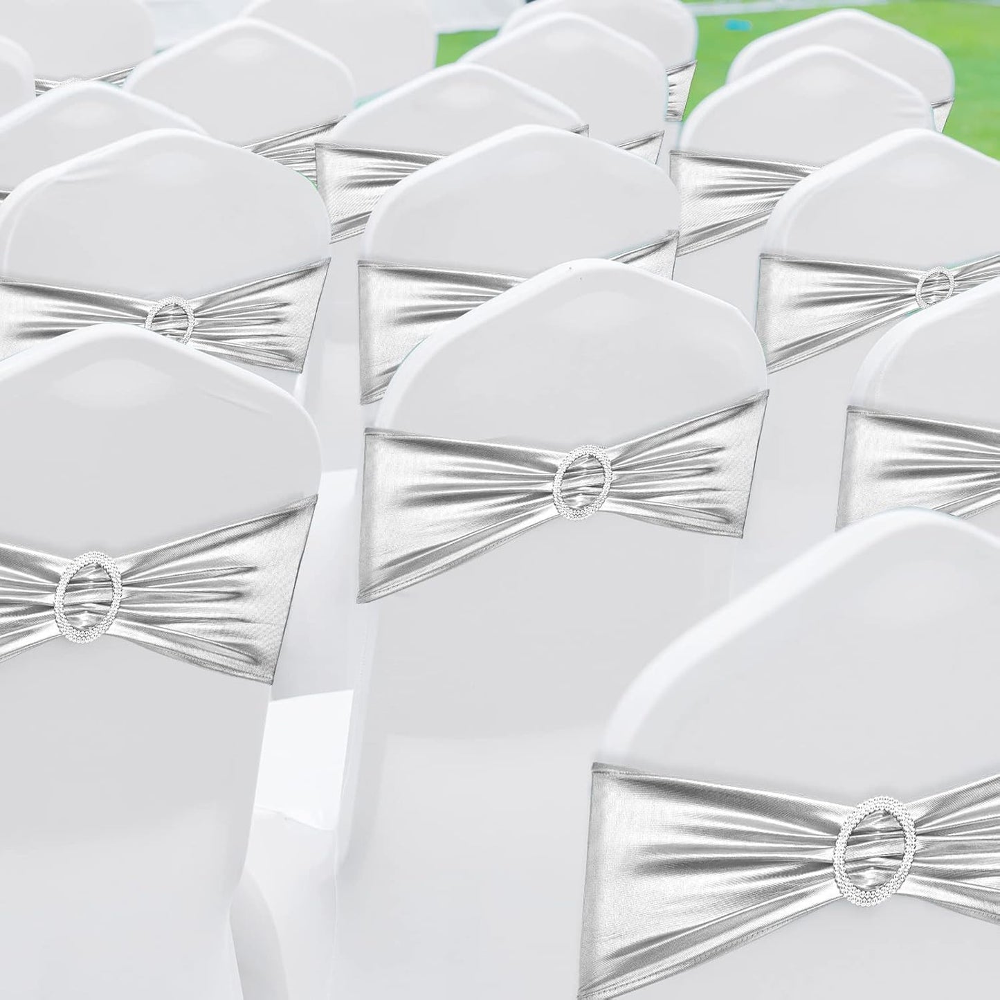 CHENGU 150 Pieces Spandex Stretch Chair Sashes Bows Elastic Chair Cover Bands Ties with Buckle Slider for Wedding Party Reception Events Universal Ceremony Banquet Decorations (Silver)