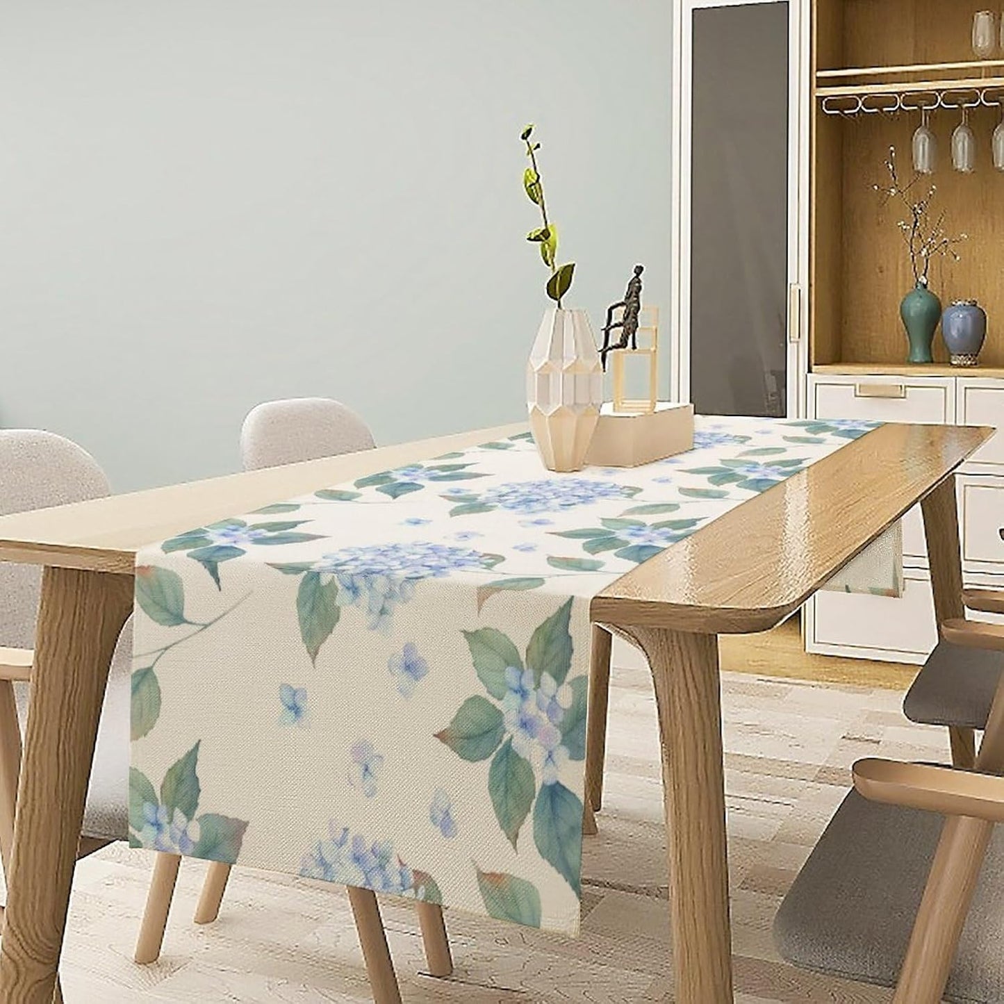 Spring Hydrangea Flower Table Runner, Seasonal Summer Plants Watercolor Blue Florals Dinner Runner for Home Kitchen Dining Table Party Holiday Decoration 13"x120"