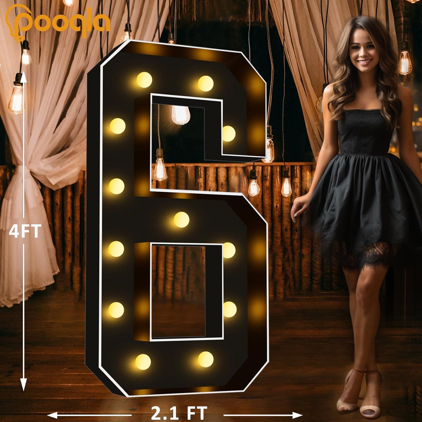Pooqla 4 FT Light Up Marquee Numbers, Black Marquee Number Lights 4 Feet Tall for 6th 16th 60th Birthday, Giant Letter Big Mosaic Numbers for Balloons Party Anniversary Wedding Decorations, Number 6