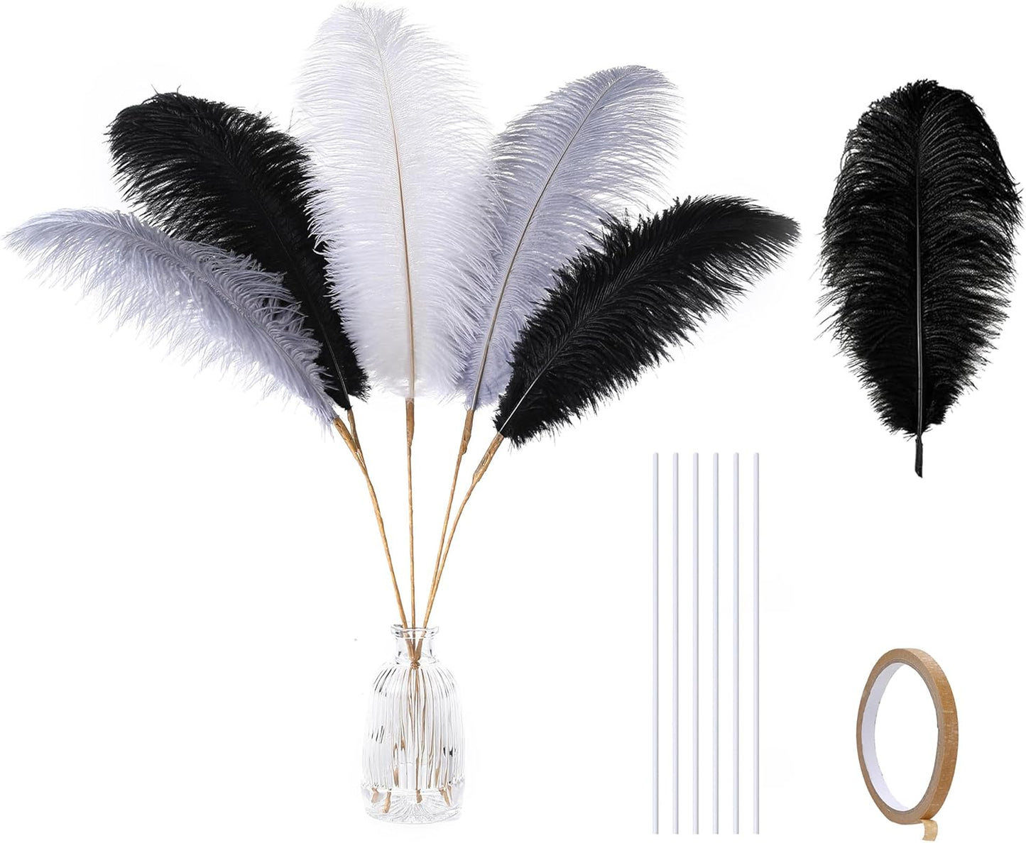 Holmgren Black White Grey Ostrich Feathers - 20pcs Making Kit 22 Inch Ostrich Feathers Bulk for Vase, Floral Arrangement, Wedding Party Centerpieces and Home Decorations