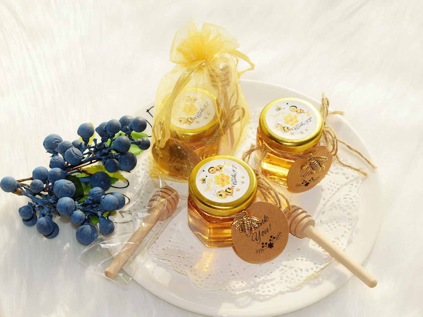 IIKUM 60 Pack 1.5 oz Hexagon Mini Glass Honey Jars with Wooden Dippers, Bee Pendants, Gift Bags, Thank You Cards, Jutes and Cute stickers- Perfect for Baby Shower, Wedding Favors and Party Favors
