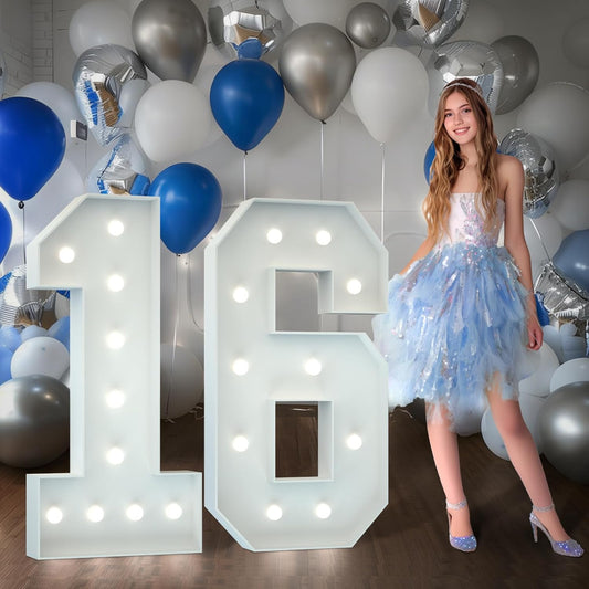 Marquee Numbers 4 Feet Tall Big Light Up Numbers Sweet 16 16th Happy Birthday Decorations Girl Boy White Anniversary Party Decor Large Cardboard Prop Backdrop Sign 16