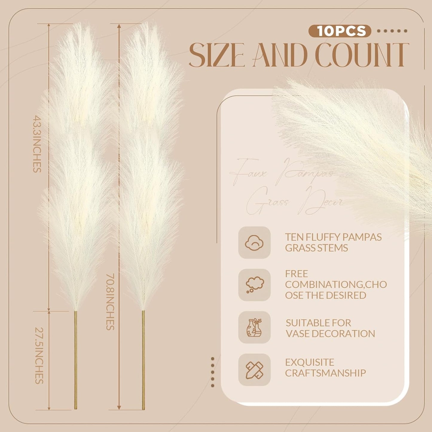 Zeyune 10 Pcs 71'' Large Faux Pampas Grass Decor Tall Artificial Pompous Grass Bulk for Boho Floor Vase Filler Wedding Floral Arrangements Home Baby Shower and Boho Decor (Beige)