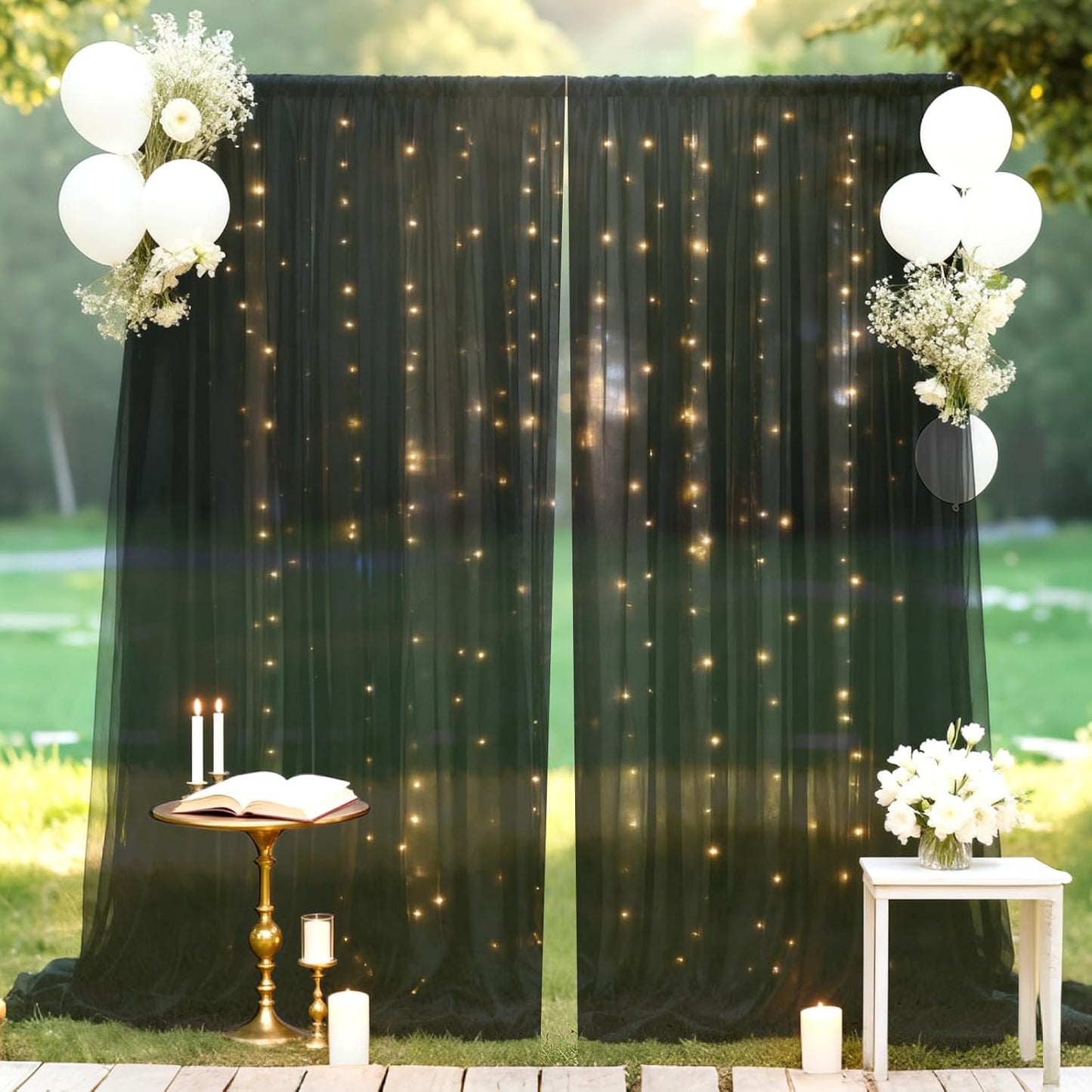Ledido 10×8ft Tulle Backdrop Curtains with Lights String - 300LED Fairy Lights Sheer Curtain Backdrop for Weddings Baby Shower and Birthday Party Decorations(4 Panels 5×8ft)