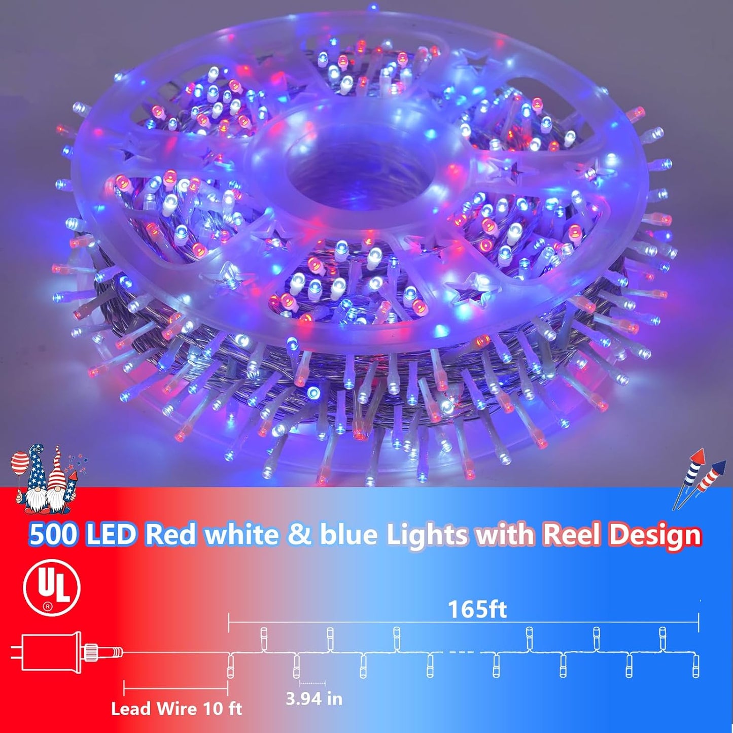 YEGUO 165ft 500 LED Red White and Blue Lights, 4th of July Decorations String Lights Plug in Indoor Outdoor, 8 Modes Clear Wire Patriotic Light for Independence Day Holiday Memorial Day Party Decor