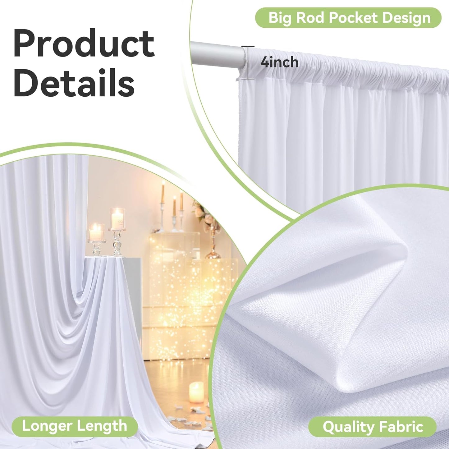 50ftx12ft Wrinkle Free White Backdrop Curtain, 10 Panels 12FT Height White Wedding Backdrop Drapes, Silky Polyester Back Drop Cloth for Birthday Photography Background Party Backdrop Draping