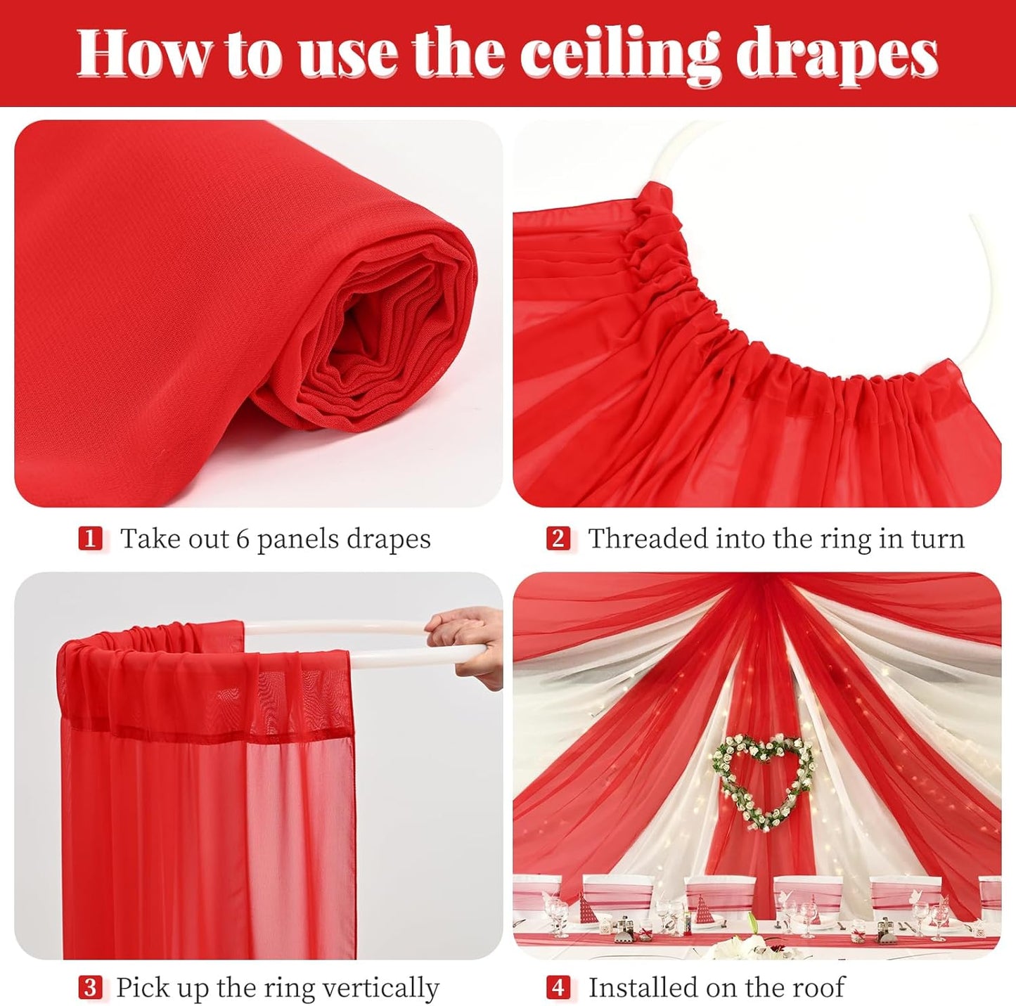 6 Panels Red Wedding Ceiling Drapes 5ftx30ft Ceiling Drapes Chiffon Fabric Arch Draping Sheer Curtains Soft Drapery Draping Wedding Ceiling Decorations for Party Ceremony Stage Swag