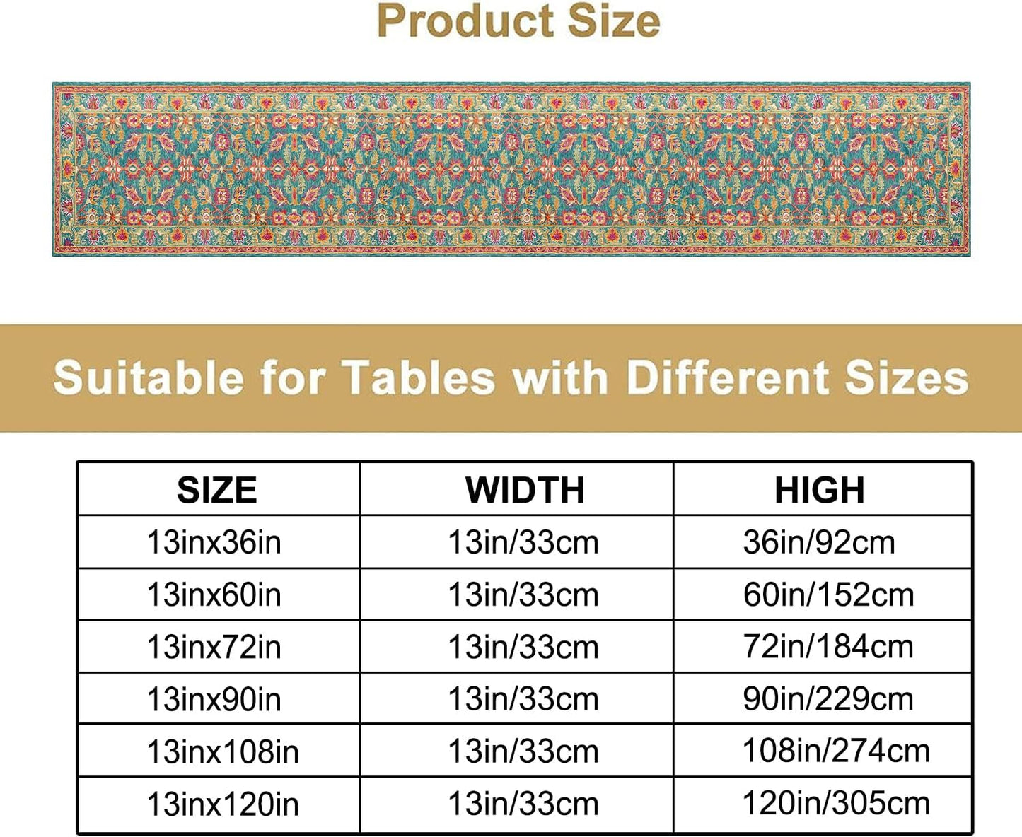 Vintage Boho Floral Table Runner, Rustic Country Farmhouse Teal Red Purple Flower Pattern for Home Kitchen Table Decor Dining Coffee Room Party Decor 13x72in