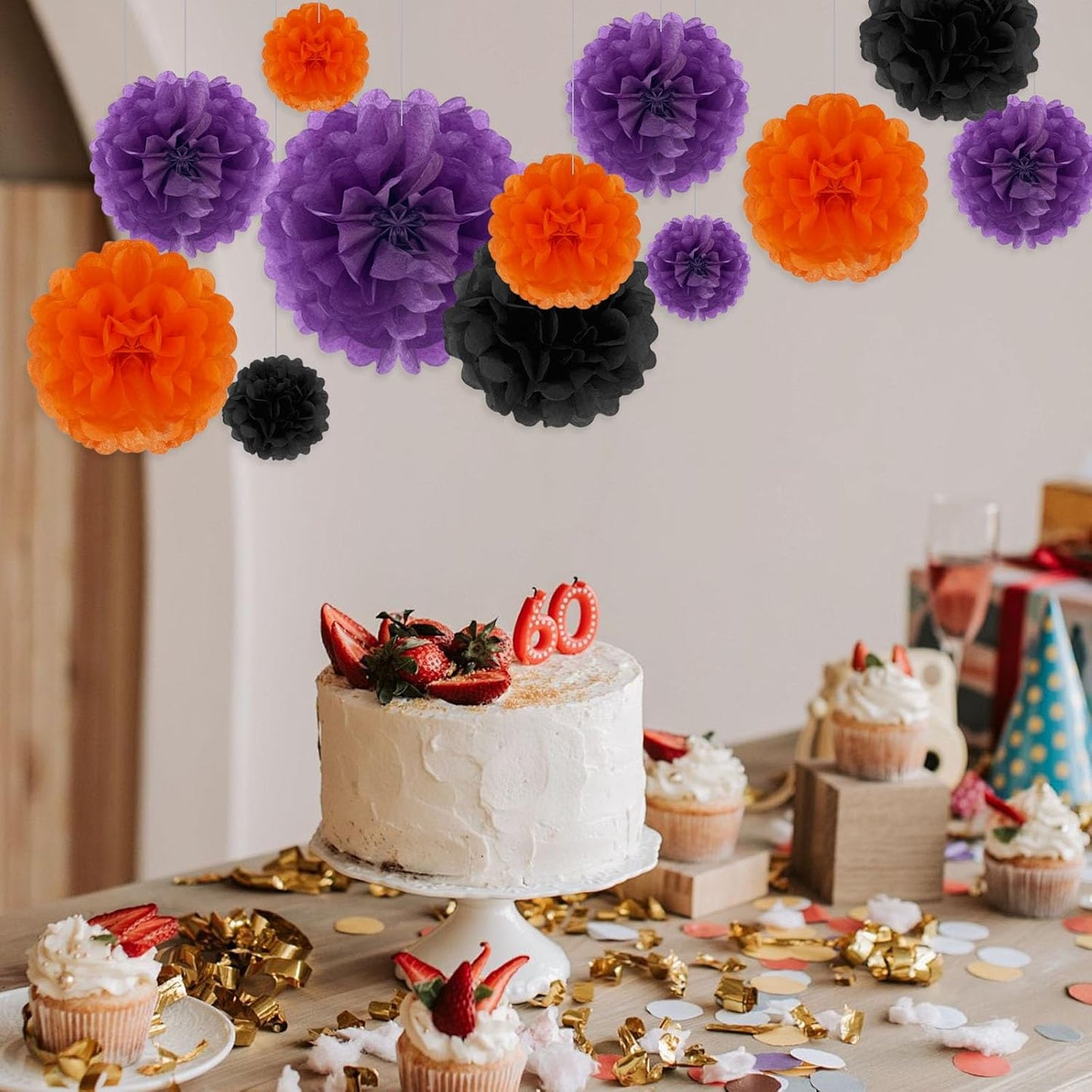 Tissue Paper Pom Poms, Black Orange Purple Tissue Paper Flowers, Hanging Flower Balls for Weddings Fiesta Parties Birthday Baby Showers Classroom Bridal Shower Decoration (18Piece Set-6/10/12/14Inch)