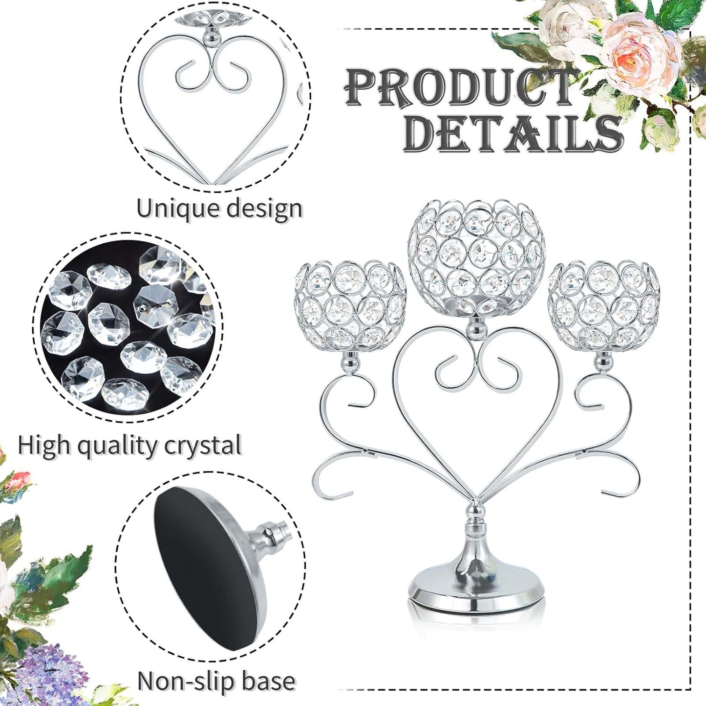 2 Pcs 3-Arm Heart Tea Light Candle Holder - Crystal & Metal Wedding Centerpiece Decor, Sparkling Table Decor for Anniversaries/Romantic Tabletop Home/Dinner Party/Events (2, Silver)