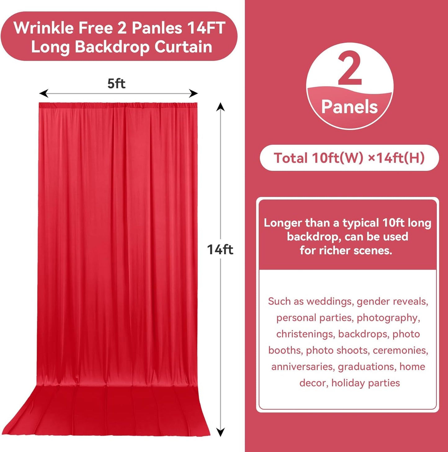 10ftx14FT Wrinkle Free Red Backdrop Curtain, 2 Panels 14FT Height Red Wedding Backdrop Drapes, Silky Polyester Back Drop Cloth for Birthday Photography Background Party Backdrop Draping