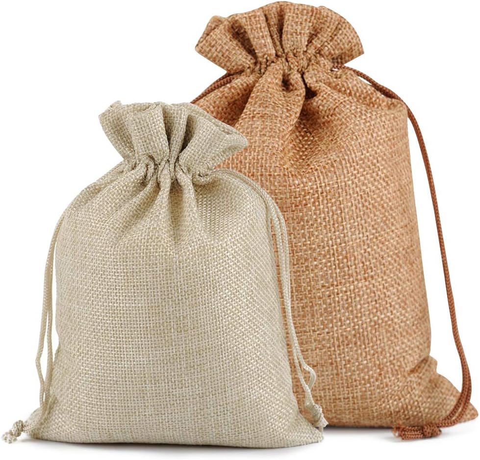 Lucky Monet 25/50/100PCS Burlap Gift Bags Wedding Hessian Jute Bags Linen Jewelry Pouches with Drawstring for Birthday, Party, Wedding Favors, Present, Art and DIY Craft (25Pcs, Cream, 7” x 9”)