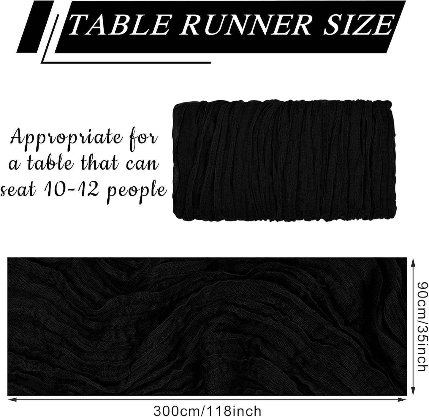 12 Pack Cheesecloth Table Runner 10Ft Christmas Gauze Boho Table Runners for Wedding Decor Bridal Shower Decorations Baby Shower Party(35" x 120")(Black)