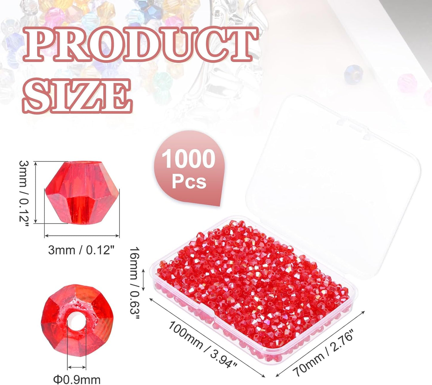 PATIKIL 1000pcs 3mm Bicone Glass Crystal Beads, Faceted Glass Spacer Beads with Box for Jewelry Making Bracelet Necklace Earrings DIY Suncatcher Craft, Red AB