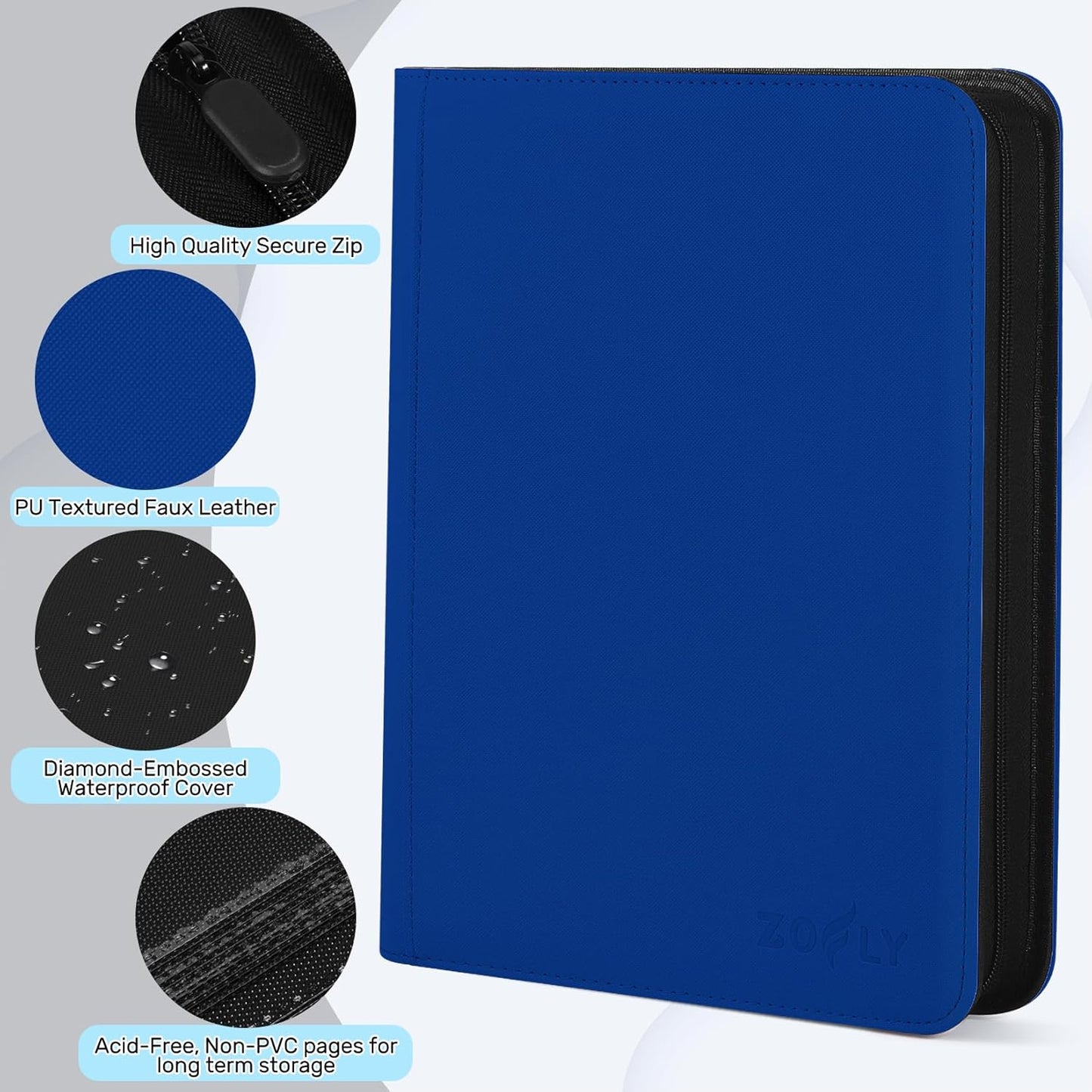 16 Pocket Card Binder, 1000+ Premium Zip Trading Card Binder, Double-sided Side Loading Card Collection Binder Album, Durable Leather Cover, Ringless Card Folder for Gifts, MTG, TCG, Sport Cards, Blue