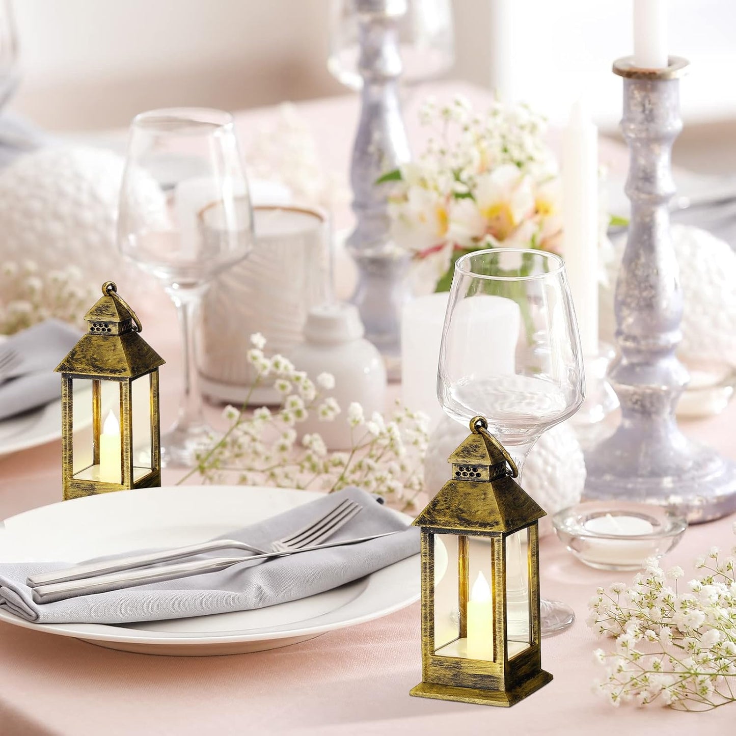 Hoolerry 24 Set Halloween Mini Lanterns with LED Candles 5.5'' Decorative Hanging Small Vintage Lantern Centerpiece Battery Powered for Wedding Table(Bronze)