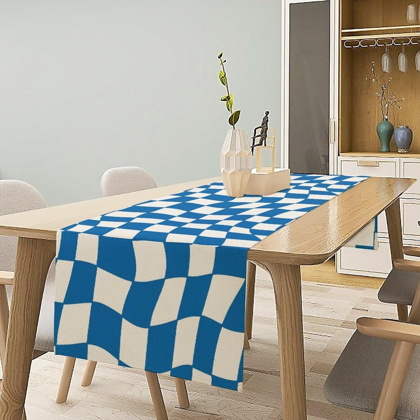 Table Flag Retro Plaid 60s70s Blue Plaid Table Flag Kitchen Restaurant Decoration Suitable for Indoor and Outdoor Festival Home Wedding Party Table Flag 13x36