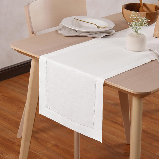 White Hemstitch Table Runner 36 inches – 100% Pure Linen Small Table Runner 14 x 36 Inch Ideal for Dresser and Coffee Tables – Elara, Spring, Summer, Wedding Decorations, Gift