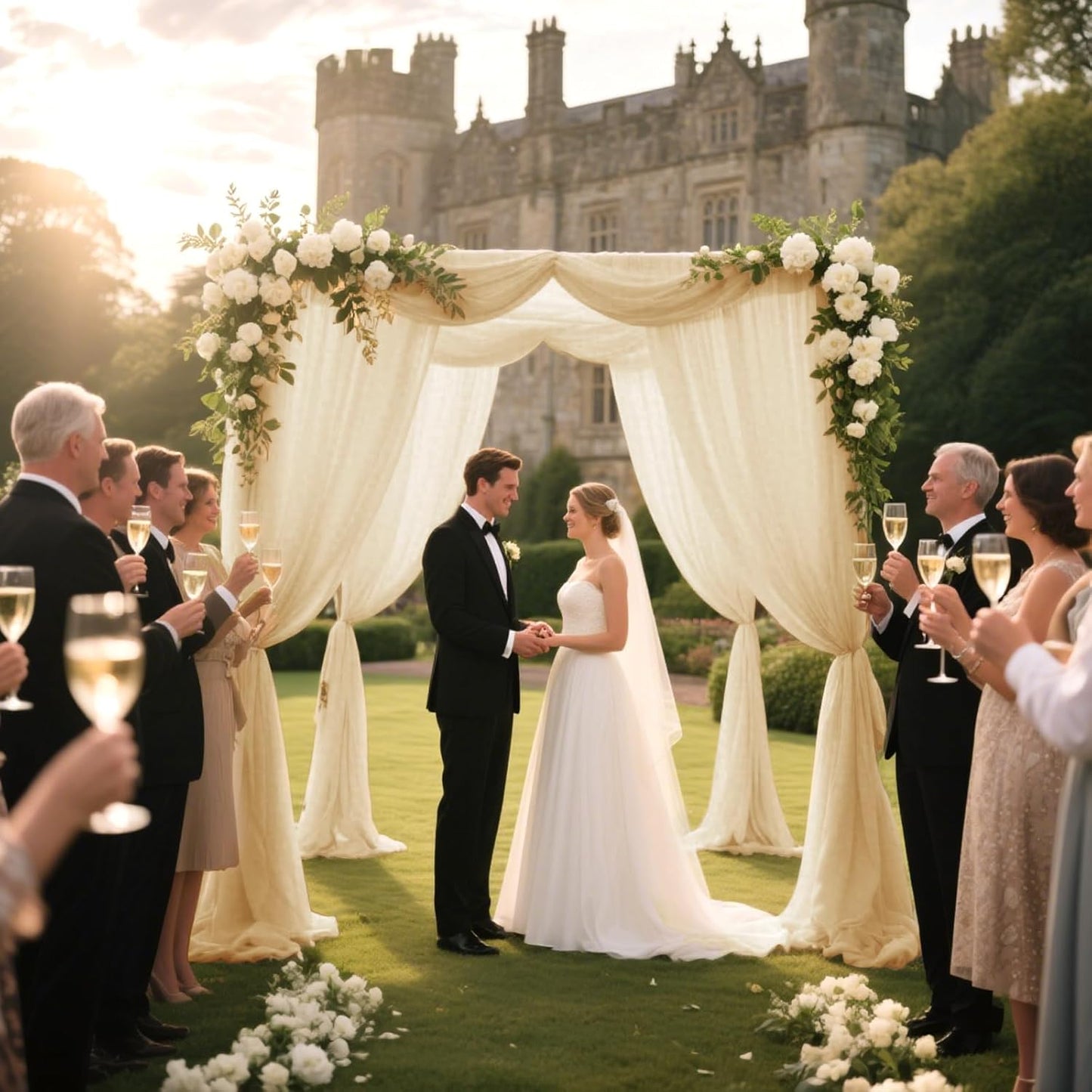 VOK Wedding Arch Draping Fabric Chiffon Fabric, 29in x 18Ft 2 Panels Sheer Chiffon Outdoor Curtain for Wedding Ceremony Birthday Party Decoration (Champagne,2 Panel)