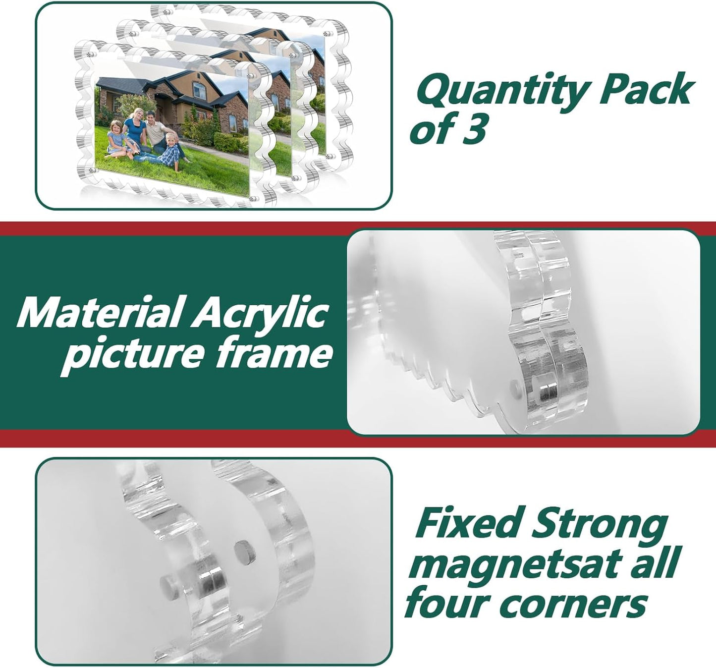 3 Pack Magnetic Acrylic Picture Frames 5x7 Inch - Freestanding Scalloped Magnet Photo Frame with 10+10MM Thick Block, Double Sided Clear Frameless Frame for Desktop Display