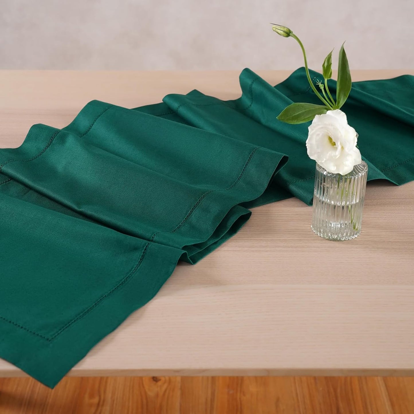 Cotton Linen Green Table Runner 14 x 36 Inches – Hemstitch Coffee Table Runner 14 x 36 Inch – Washable Fabric Scarf Ideal for Thanksgiving, Christmas, Winter Decoration – Serena