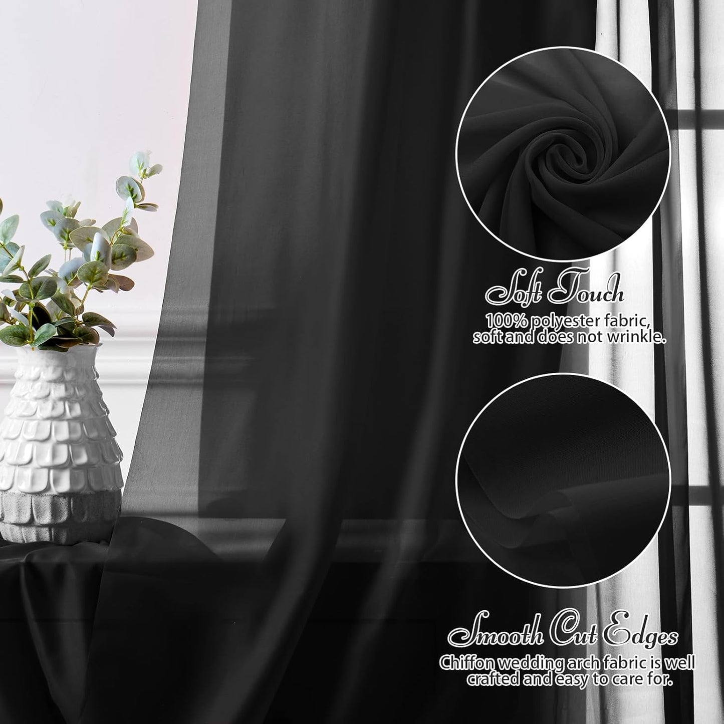 SiinvdaBZX 2 Panels Wedding Arch Draping Fabric 30" x 240" Black Polyester Chiffon Fabric for Multiple Occasions