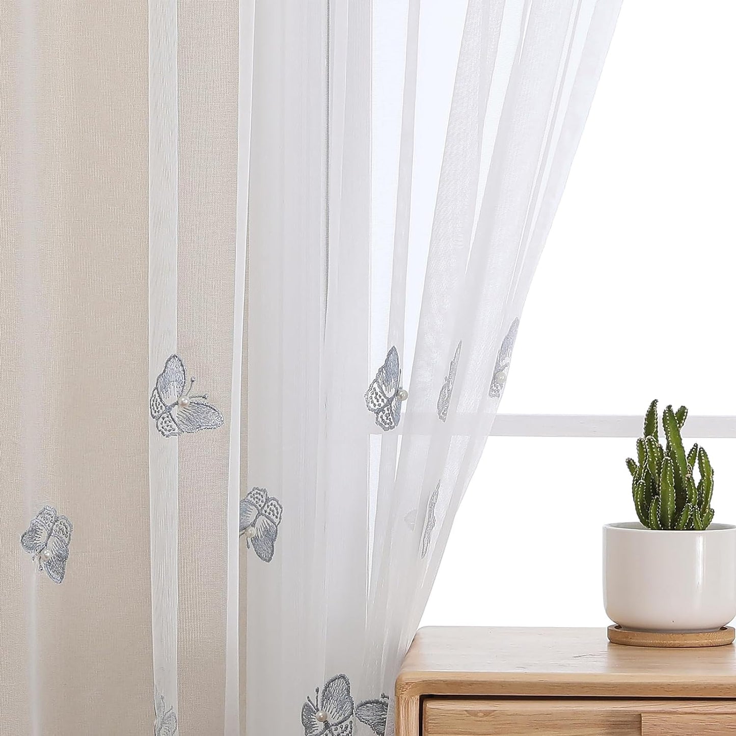 VISIONTEX White Sheer Voile Curtains, Decorative Blue Embossed Butterflies Rod Pocket Window Drapes for Home Kitchen, Living Room and Bedroom 54 x 84 Inch, Set of 2 Curtain Panels