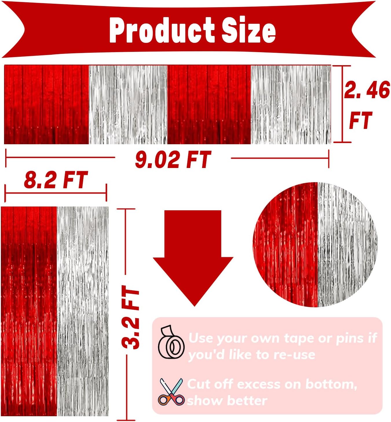 4P Metallic Foil Fringe Tinsel Table Skirts for Rectangle Tables Backdrop Banner Streamer Garland Curtains for Parade Floats Wedding Graduation Anniversary Birthday Parties Decoration(Red Silver)