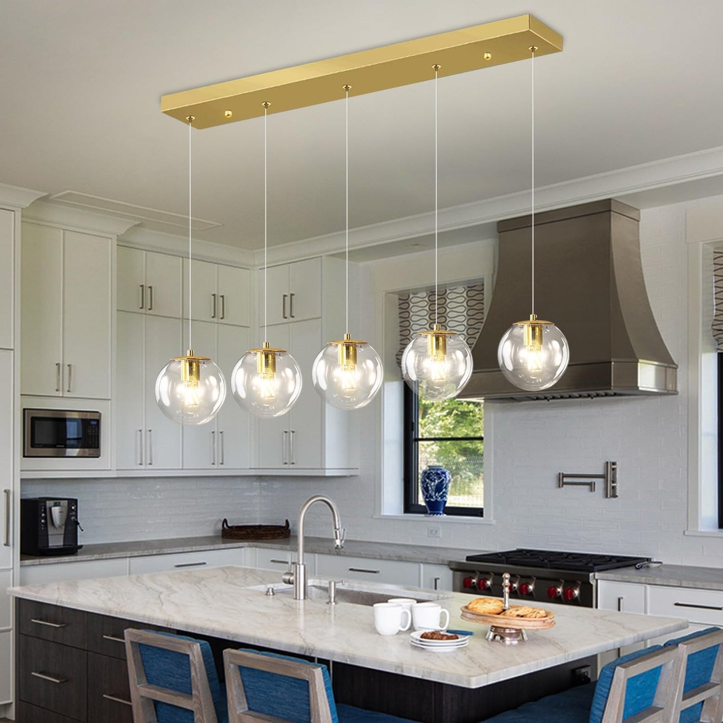 5-Lights Modern Rectangle Chandelier Globe Pendant Light,Gold Linear Globe Chandeliers for Dining Room and Kitchen Island
