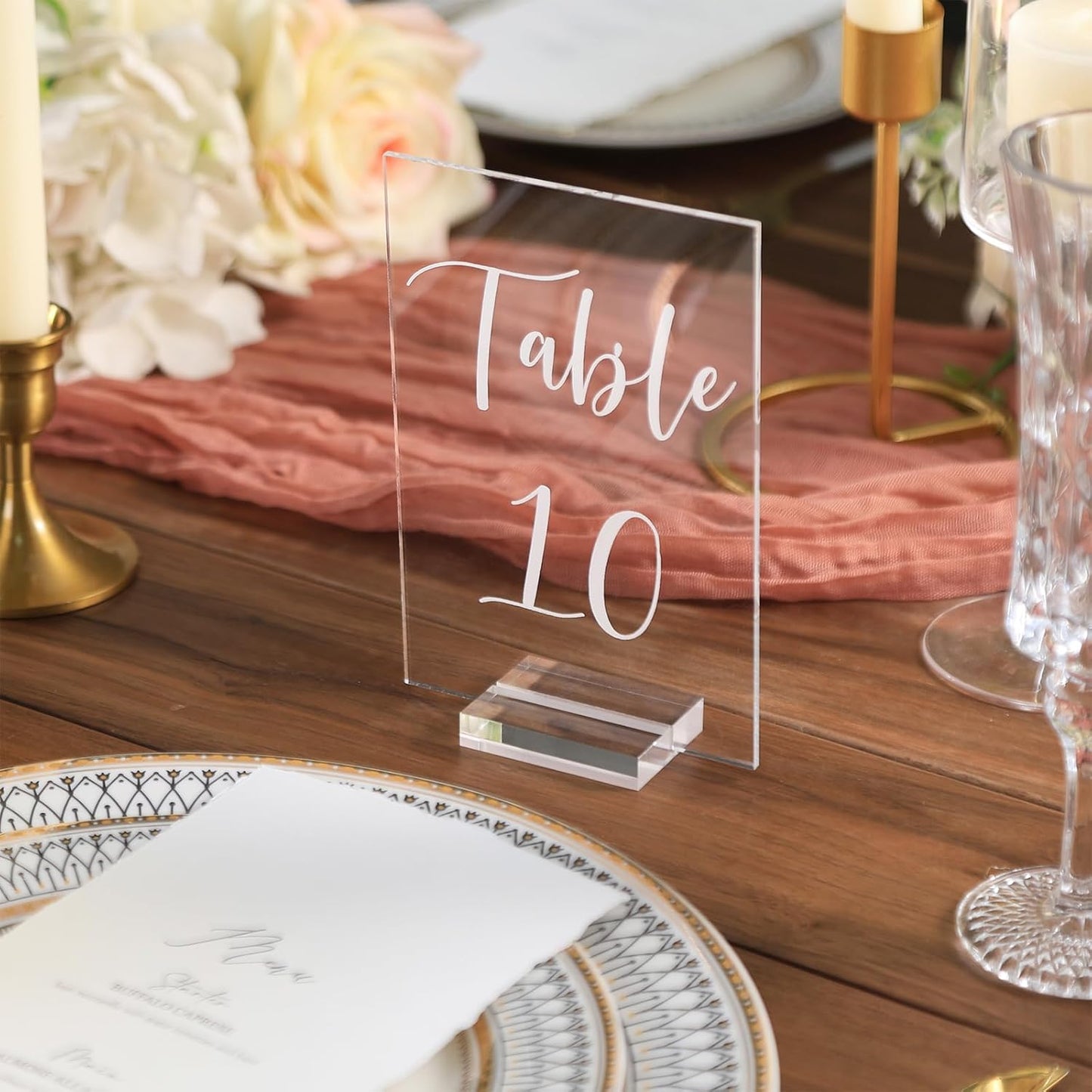 UNIQOOO Acrylic Wedding Table Number 1-20 with Stand | 4x6 inch Printed Calligraphy, Sign and Holder | Perfect for Wedding, Reception, Centerpiece Decoration, Event, Party