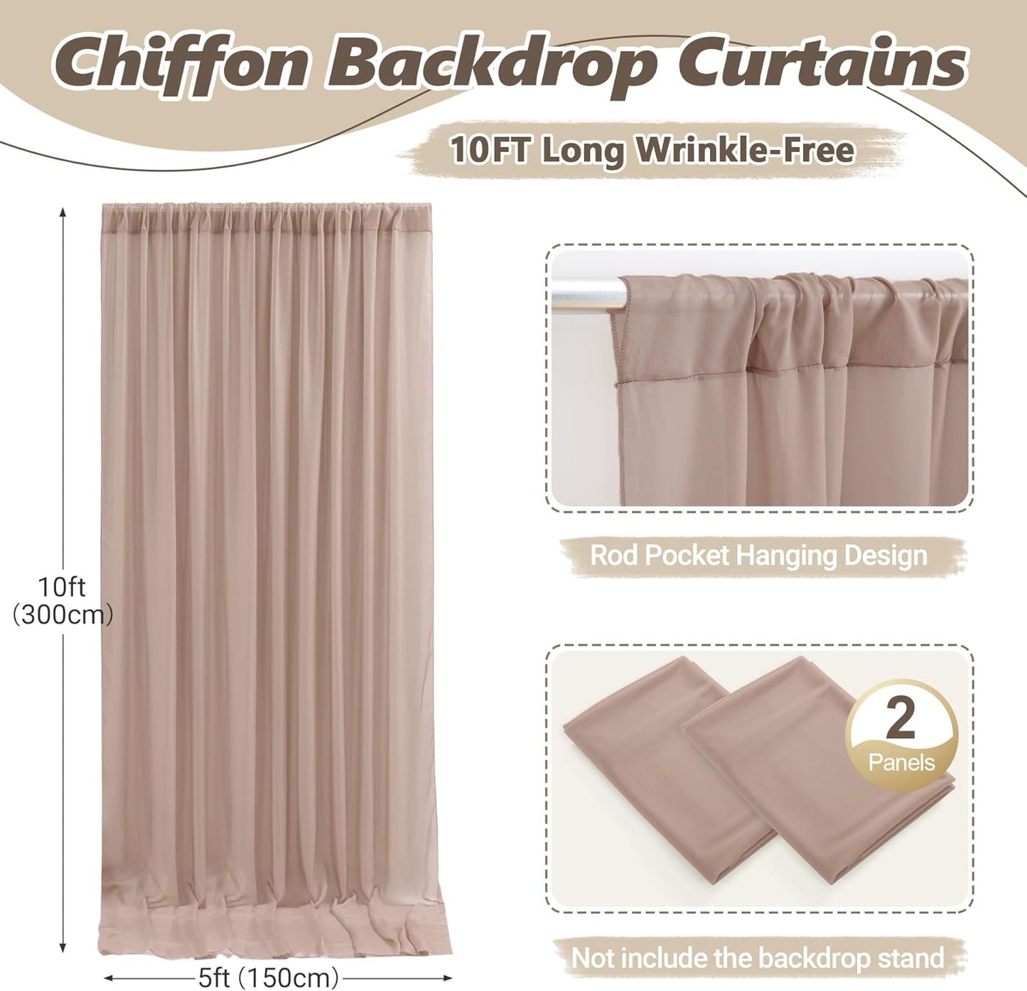 10ft x 10ft Taupe Backdrop Curtain Drapes, Wrinkle-Free Sheer Chiffon Fabric Photo Backdrop Panels for Wedding Arch Party Ceremony Stage Photo Backgrounds
