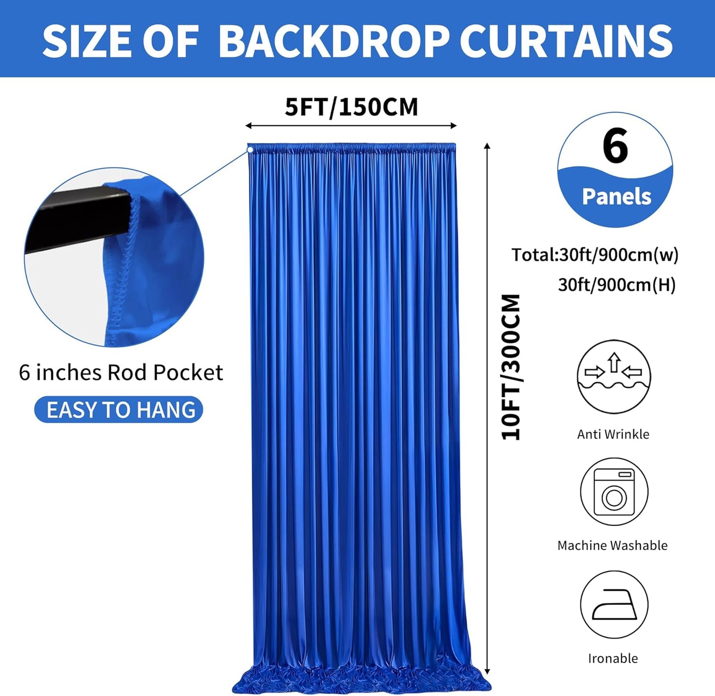 30x10ft Backdrop Curtains for Parties, 6 Panels 5x10ft Photography Backdrop Curtain with Rod Pocket,Backdrop Polyester Background Drapes,Wedding Backdrop Drapes for Birthday Baby Shower Home Decor