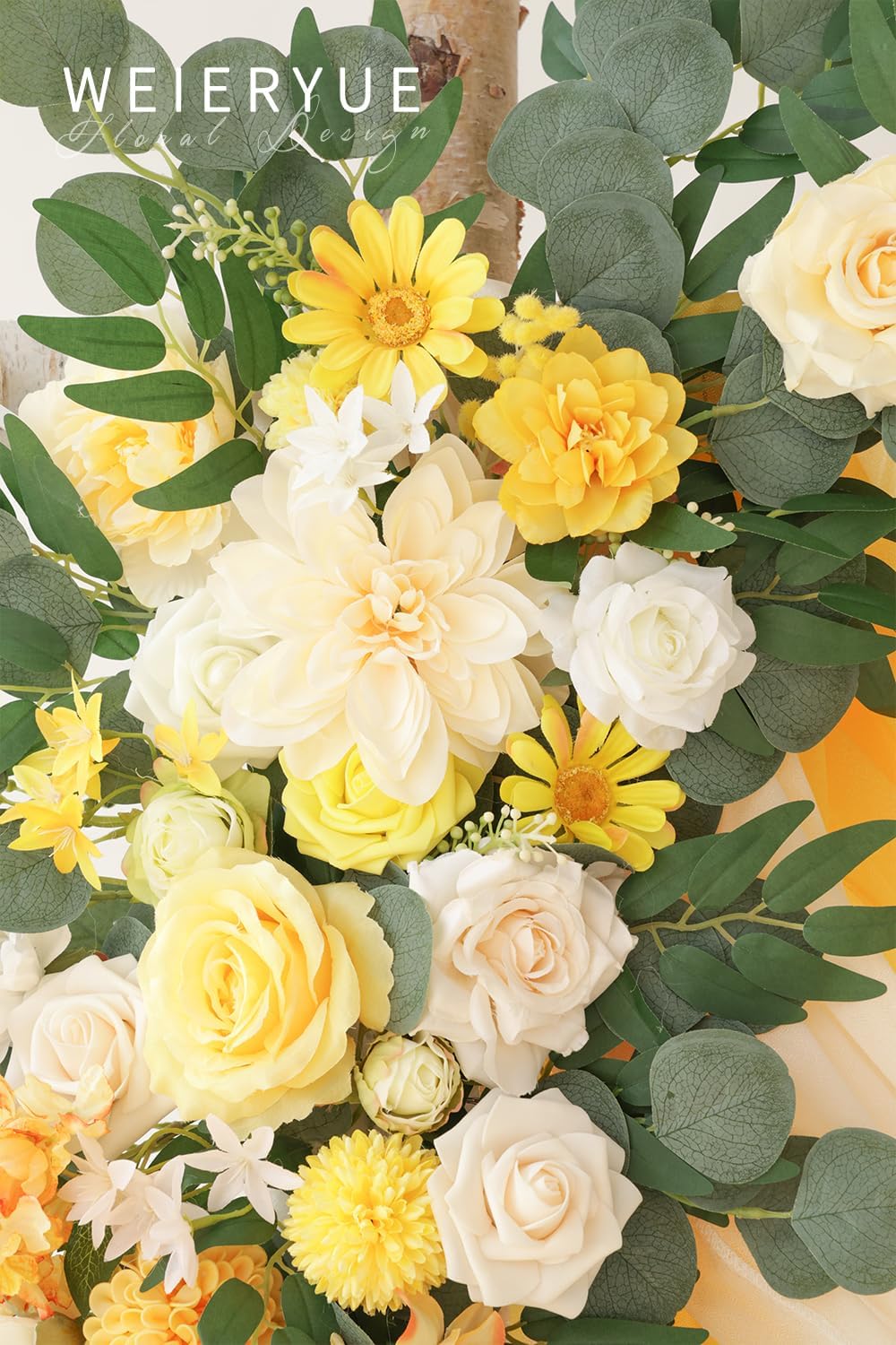 Deluxe Yellow Artificial Wedding Arch Flowers with Drapes Kit-Pack of 5, 2pcs Flower Arrangements 3pcs Hanging Sheer Drapes Yellow Ceremony Arbor Reception Backdrop Rose Floral Decorations.