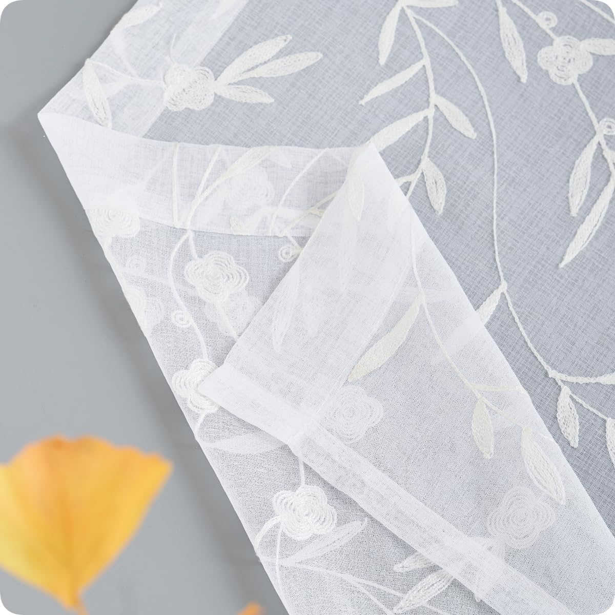 Sheer Curtains White 54 Inches Long Floral Embroidery Rod Pocket Voile Drapes for Living room, Bedroom, Window Treatments Semi Lace Outdoor Curtain Panels for Patio, Lawn, Garden, Set of 2, 52"x 54".