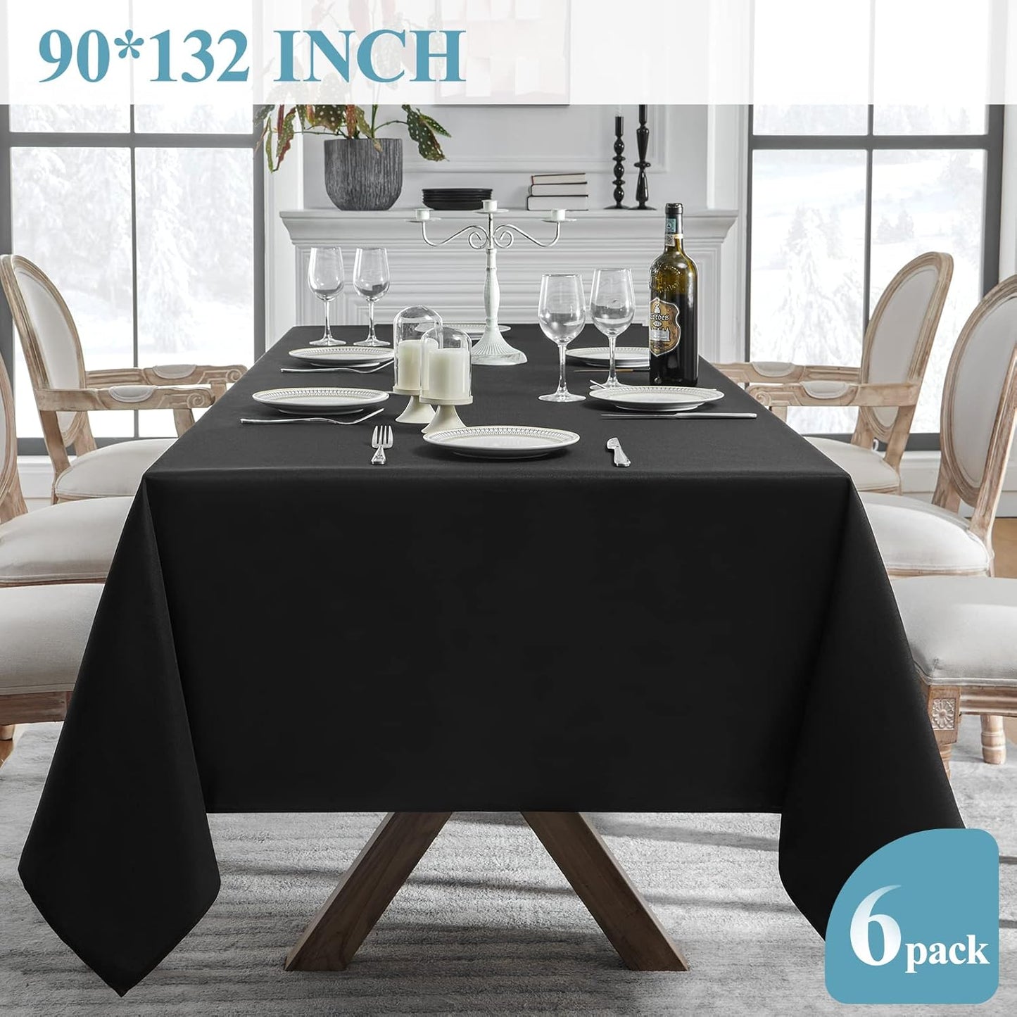 VidaFete Table Cloth 90 * 132inch 6 Pack Rectangle Tablecloth Polyester, Stain Wrinkle Resistant Polyester Dining Table Cover for Kitchen Dinning Party Wedding Rectangular Tabletop Decoration(Black)