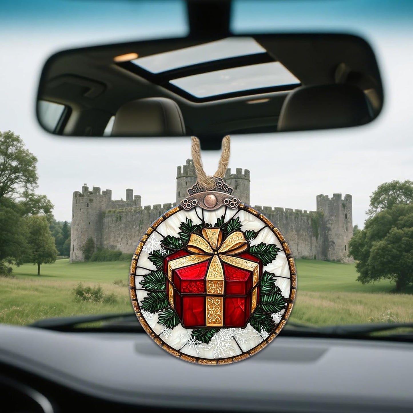 Stained Glass Christmas Decorations, Red Gift Gold Ribbon Suncatcher for Window Christmas Tree Hanging Ornaments Retro White Sun Catcher Xmas Decor Gifts for Women Men Mom Nana Friend