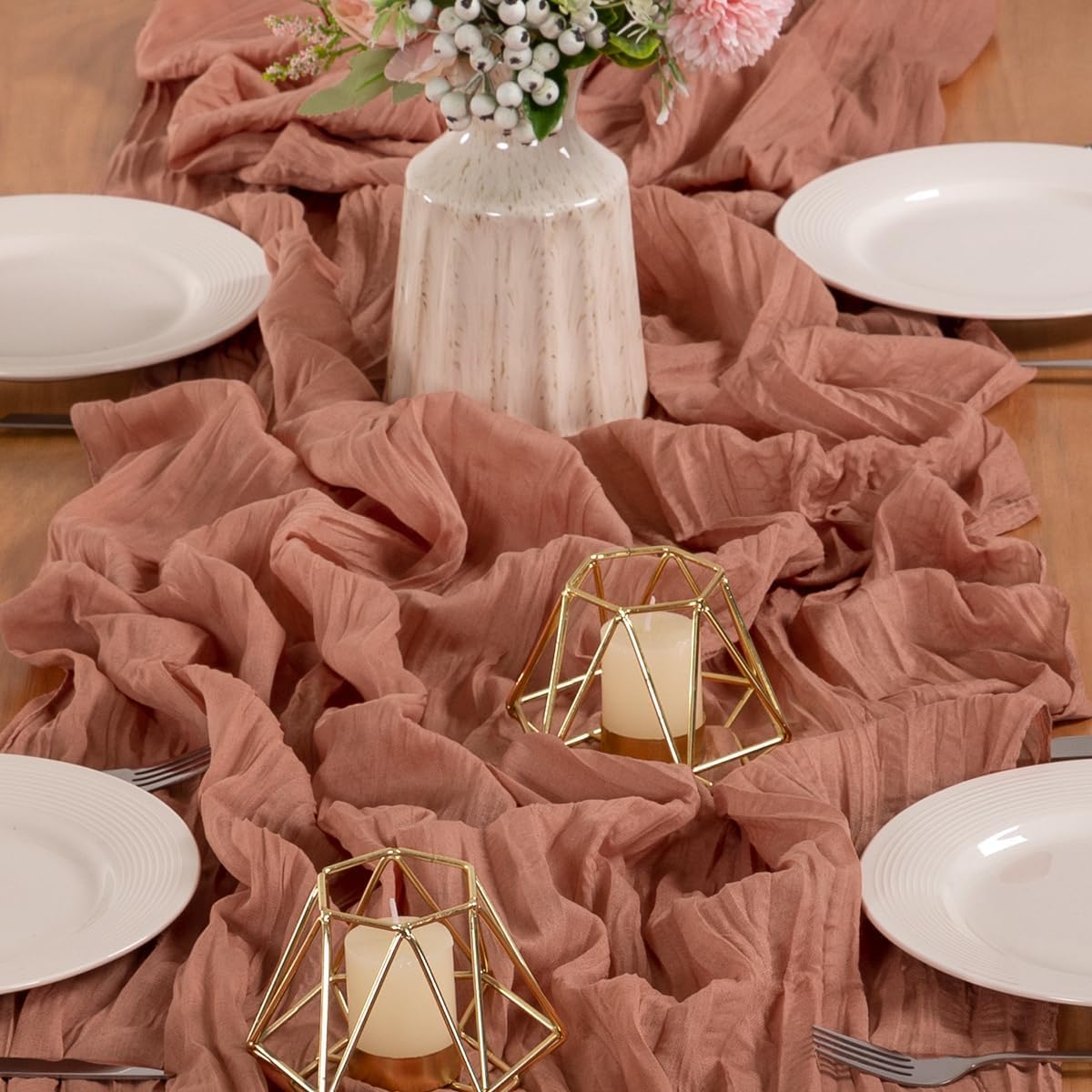 MLMW 4 Pack Dusty Rose Table Runner Cheesecloth Boho Gauze Rustic Cheese Cloth Table Runner 160 inch Sheer 13.3ft for Wedding Party Baby Bridal Shower Birthday