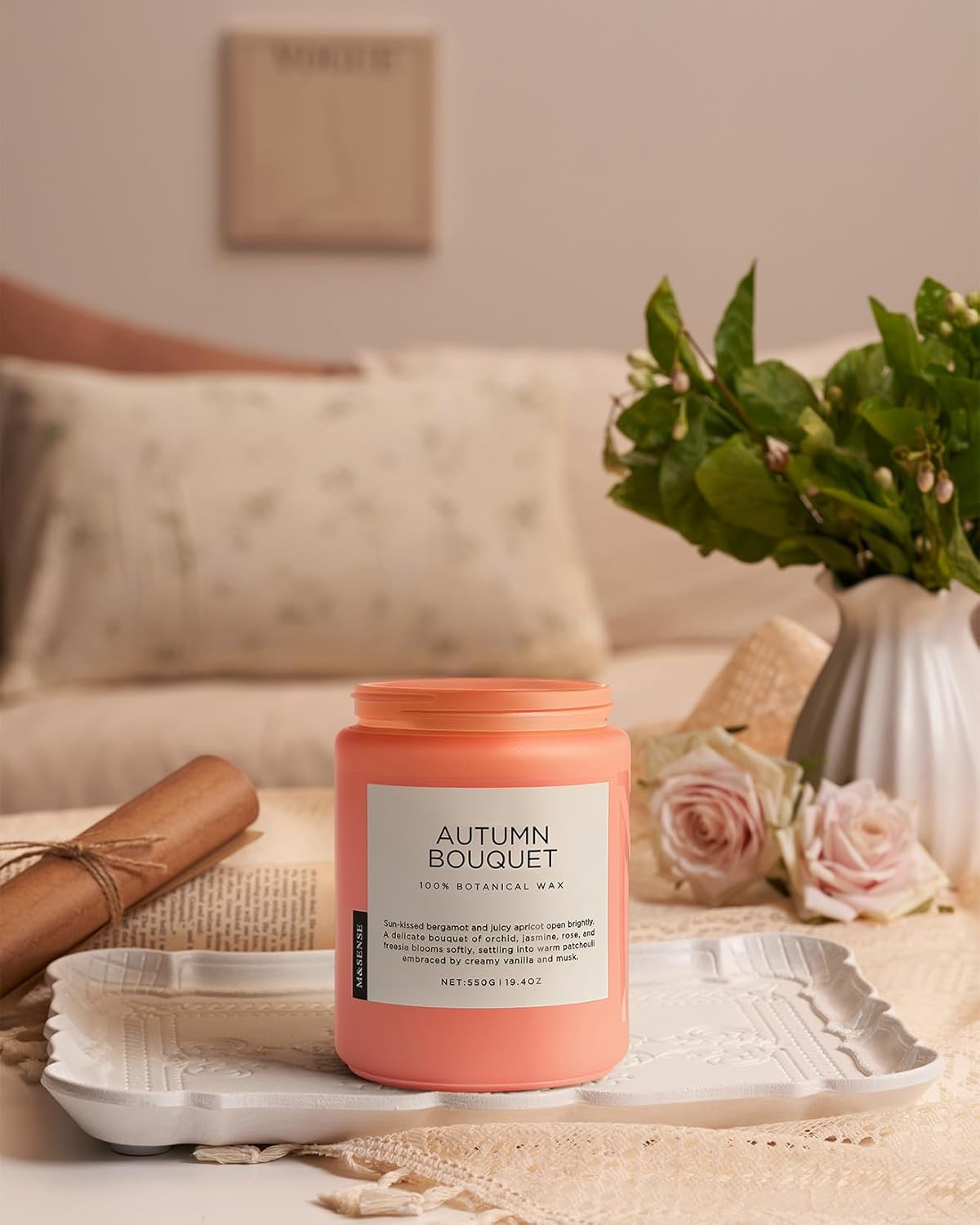 M&SENSE Fall Candle Autumn Flower Scented, Large 19.4oz Natural Soy Wax 110 Hours Burn Time Clean Non Toxic Candle Classic 2 Wicks Gifts