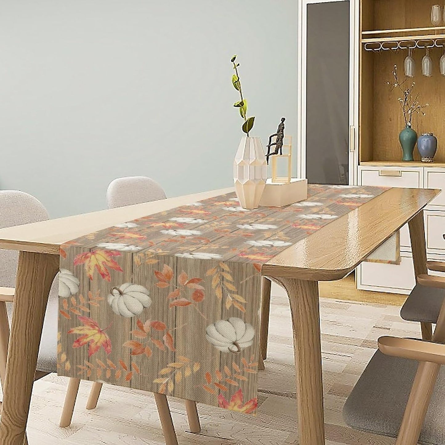 Autumn Table Runner,Pumpkins Maple Leaves Wood Fall r Seasonal Table Runner Kitchen Dining Table Decoration for Home Party Decor 13x60 Inch