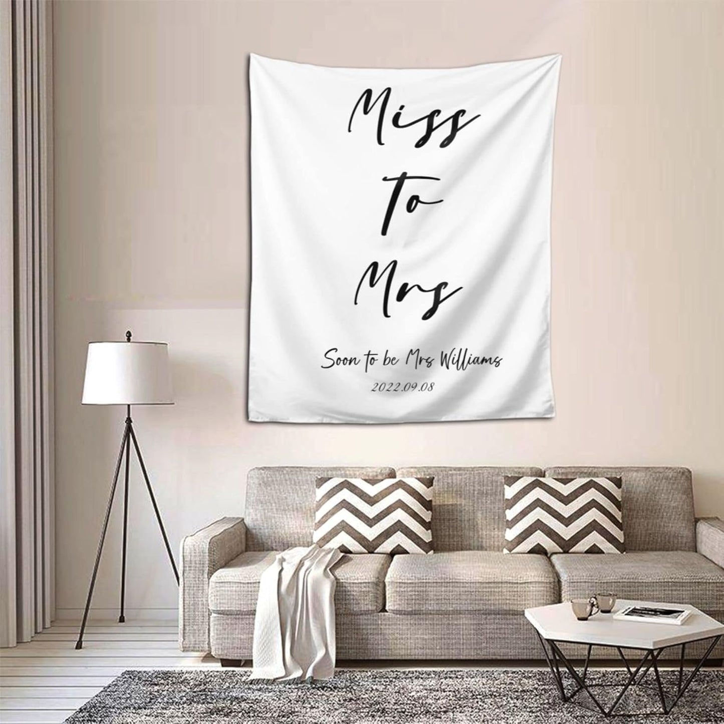 Miss to Mrs Backdrop, Custom Tapestry with Names and Date, Personalized Calligraphy Banner for Bridal Brunch, Shower, Engagement, Bachelorette Party - Reception Backdrop Future