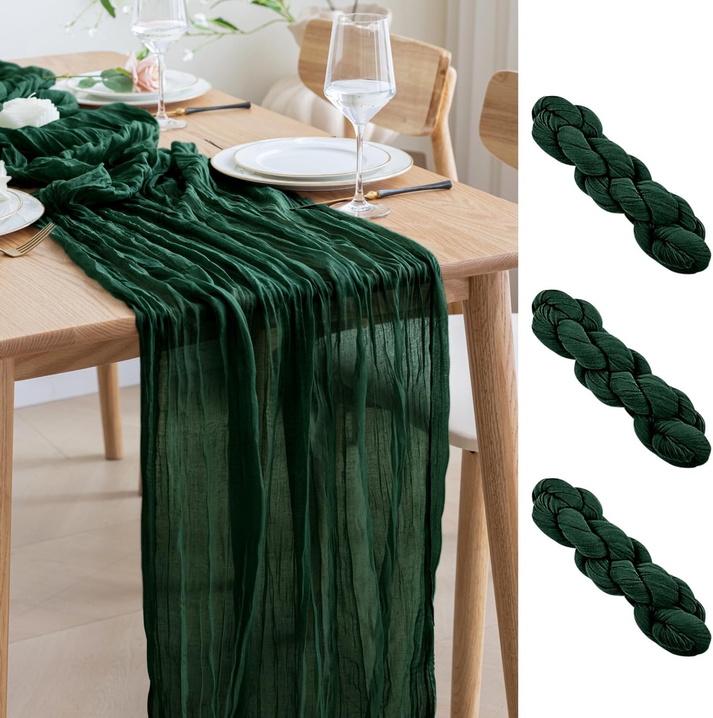 Asee'm 3PCS Table Runner Cheesecloth 10FT Emerald Green Boho Gauze Fabric Rustic Sheer Cheese Cloth Runners for Wedding Bridal Shower Party Spring Easter Decoration